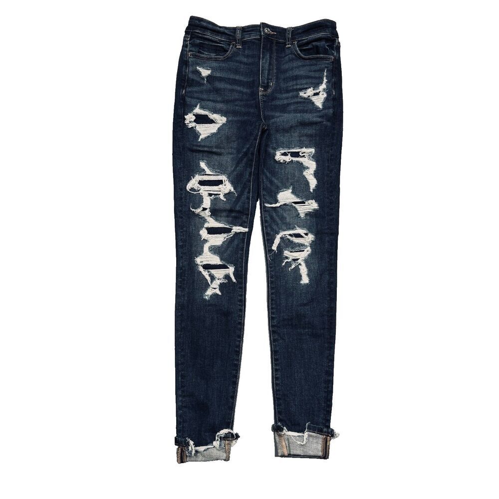 American Eagle Super Hi Rise Jegging Jeans 4 (28x27) Blue Distressed Patch Women